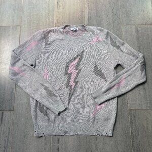 Fate Distressed Lightning Bolt Graphic Sweater Gray Size Large